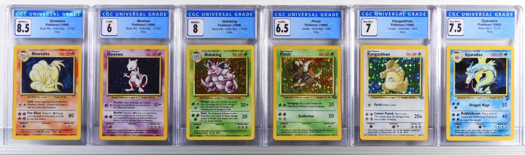 6PC Pokemon Base Unl. Jungle Base 2 CGC Holo Group: United States,1999-2000 Group includes 1999 Pokemon Base Unlimited Mewtwo (CGC 6), Nidoking (CGC 8), Ninetales (CGC 8.5), Jungle Unlimited Kangaskhan (CGC 7) and Pinsir (CGC 6.5), and Base 2 Gyarados 