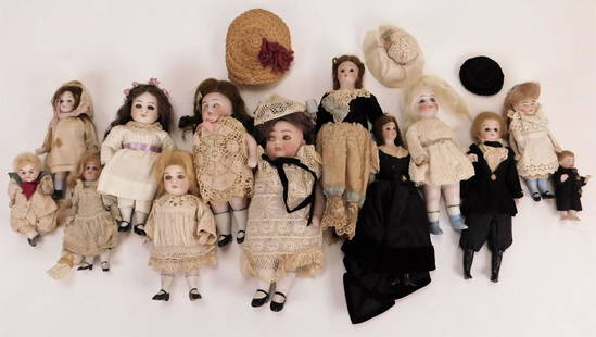 13PC German Bisque Dolls: German,Early 20th Century Includes a miniature boy doll in a brown outfit, two brunette dolls in lace dresses, one blonde doll with lace dress, two brunette dolls dressed in white, one blonde doll