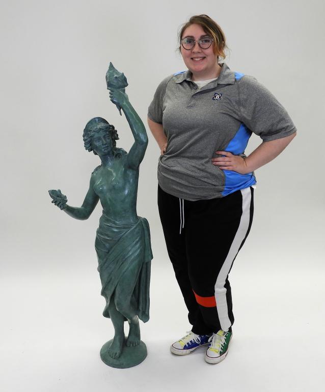 Nude Zinc Venus Fountain Topper: United States,20th Century Depicts a Romanesque woman holding shells in her hands covered by thin draped fabric around her waist. Approx. 56" t x 18" w x 10" base dia...Zinc From the collection of a C