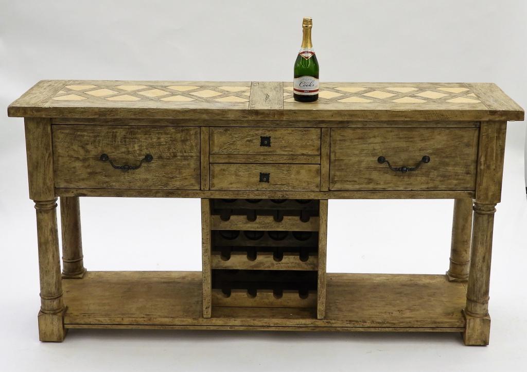 White Wash Country Wine Harvest Four Drawer Server: United States,20th Centiry Geometric tile inlaid top over four drawers over one wine rack that fits twelve bottled flanked by two compartments. 36 1/2" t x 71 1/2" w x 18" d..wood, veneer From the col