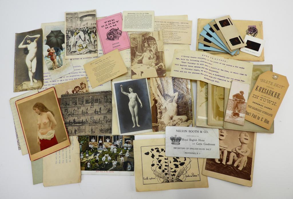 Collection of Turn of the Century Erotic Ephemera: United States,19th- Early 20th Century Includes photographs of nude men and women in compromising positions, collections of erotic poems and ditties, and stereograms in an envelope addressed to Eugene