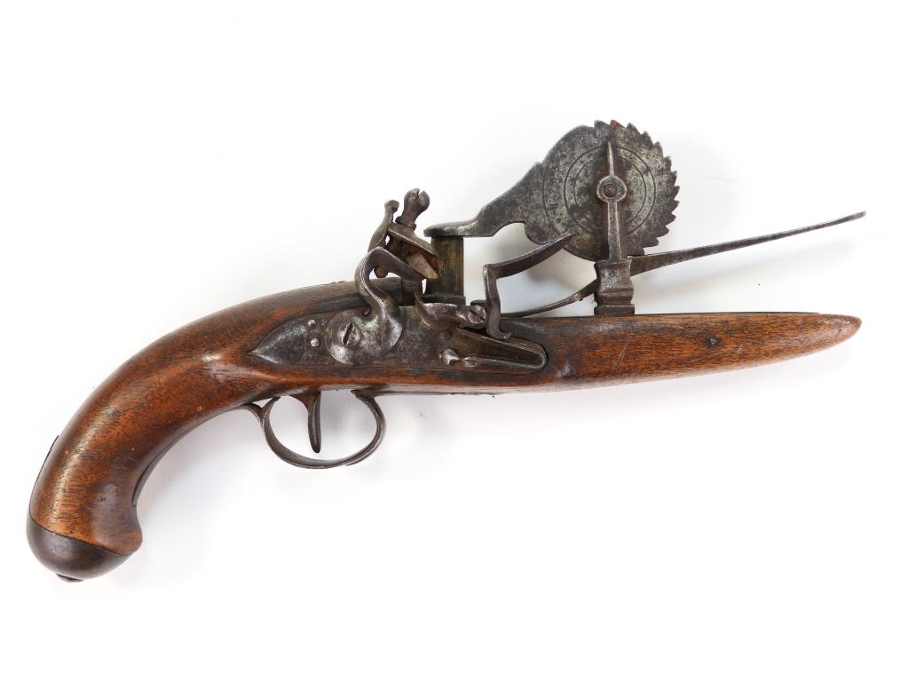 Flintlock Powder Tester: France C. 18th century Walnut stock, steel fittings, left side of the measuring wheel marked "A. BERNIER" with both sides having numbers. Overall lg. 10".