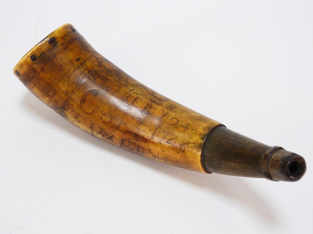 Powder Horn Identified to Moses Brewer: United States C. 1746 Cow horn, pine plug attached with small iron tacks, with a faceted spout, marked "No/4" with what looks to be a snake, fish, above "OCTOBER Ye 24/MOSES 1746/BREWER/HIS HORN" with