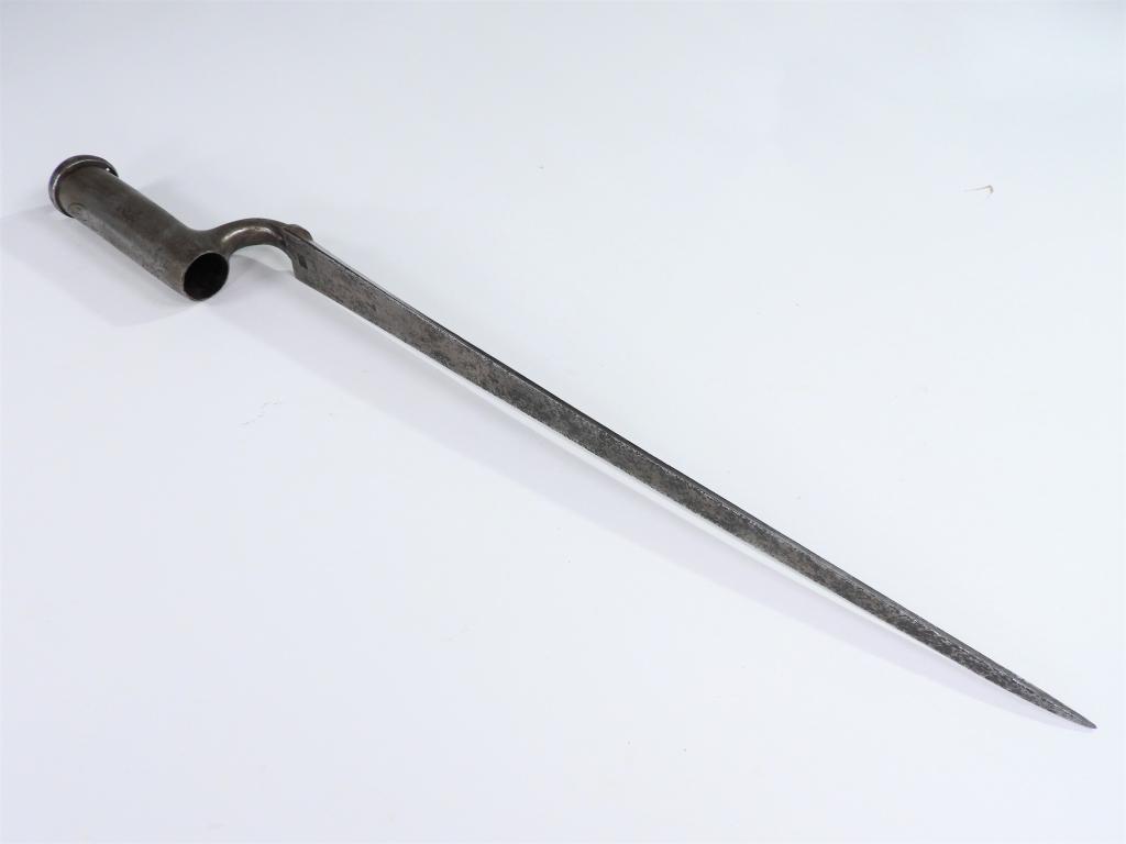 East India-marked Fusil or Carbine Bayonet: England C. 1779 Iron blade with a steel tip, marked at the base of the blade "7" with "HARVEY" and "SH," marked on the socket with the East India Company heart, "4," and "TWIGG 1779," and a spring cli