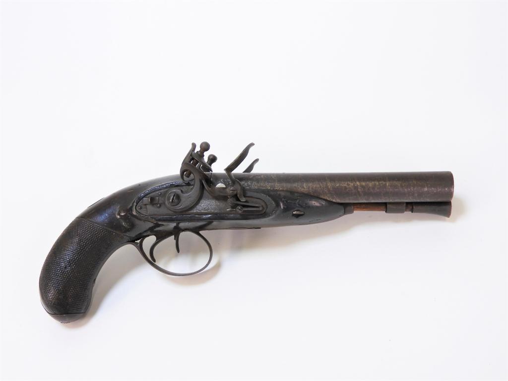 McDermot Double-barrel Flintlock Pistol: Ireland C. early 19th century .75 bore, walnut stock with a checkered butt, silver escutcheon plate, steel trigger guard and ramrod pipes, lock marked "McDERMOT," cocks have foliate engraving, Damascu