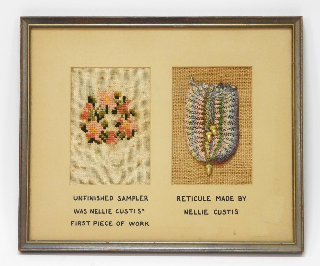 Needle work by "Nelly" Eleanor Parke Custis: United States C. late 18th/early 19th century Framed piece of needlework marked "UNFINISHED SAMPLER/WAS NELLIE CUSTIS'/FIRST PIECE OF WORK," and a reticule with three brass acorns, marked underneath "