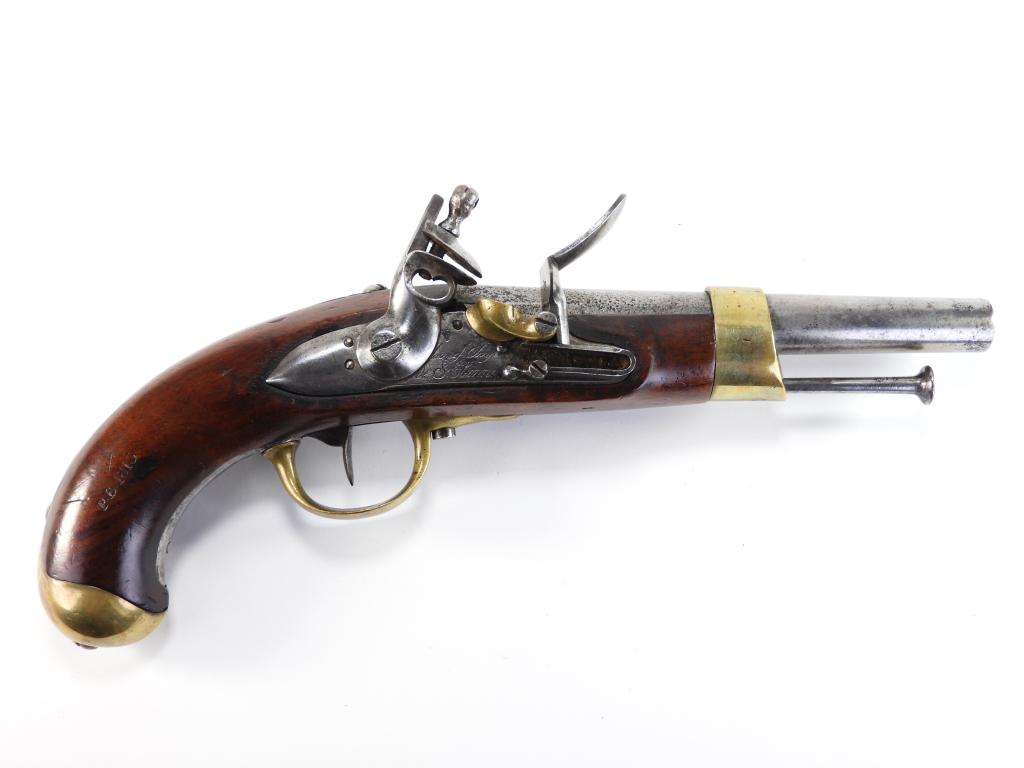 French Model 1813 Flintlock Pistol: France C. 1813 .69 bore, walnut stock stamped on the right side of the handle "PB 1813," with numbers on the left side behind the side plate, brass butt cap with a steel back strap, brass trigger guar