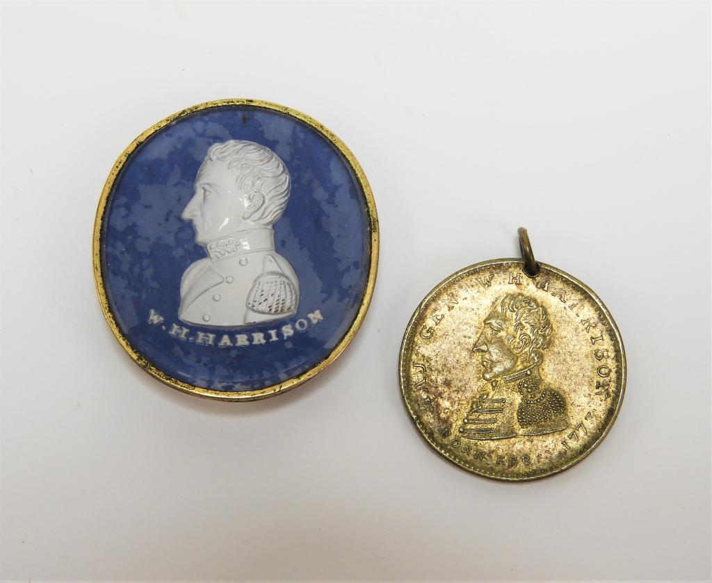 William Henry Harrison Sulfide Pin and Token: United States C. 1840 A profile sulfide pin with a blue background, William H. Harrison in white wearing a uniform facing to the left, marked beneath "W.H. HARRISON," with a brass border and a pin bac