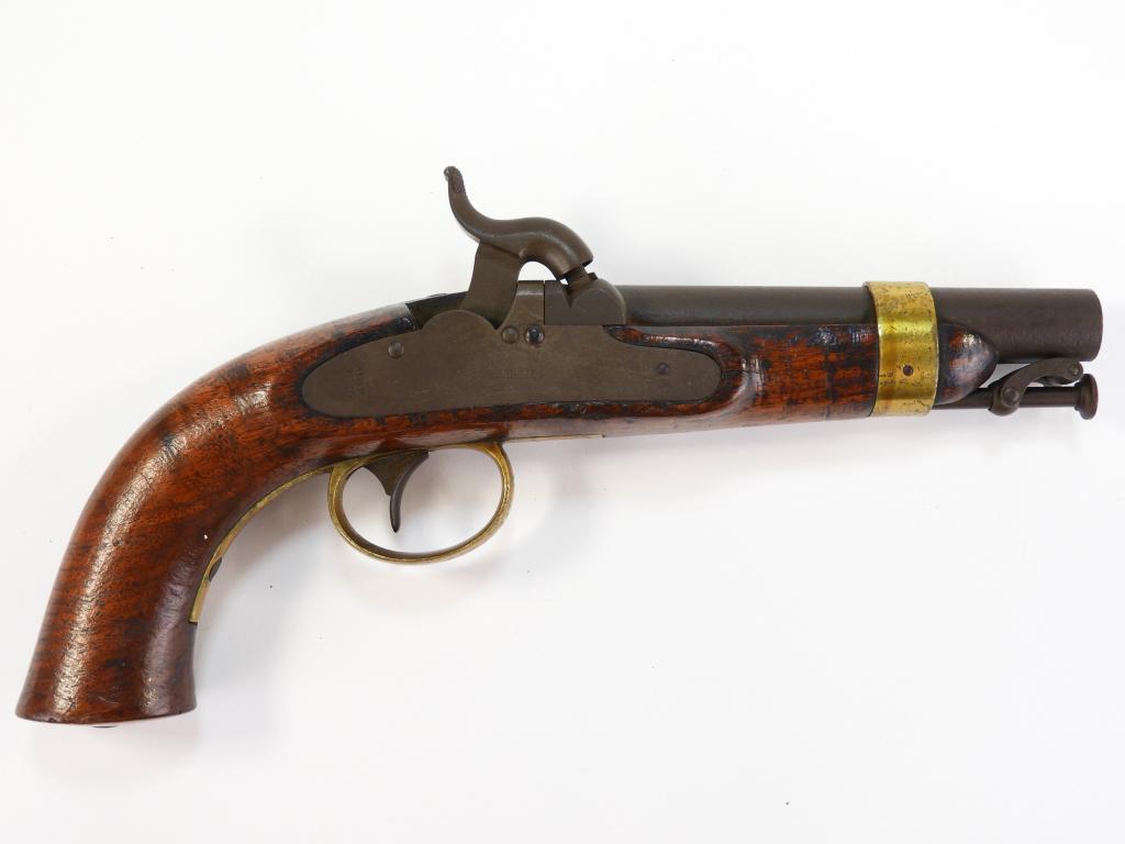 U.S. Model 1842 Percussion Navy Pistol: United States C. 1845 .54 bore, walnut stock with a light cartouche on the left side, brass fittings, lock marked "N.P. AMES/SPRINGFIELD/MASS." in the center of the lock plate, and "USN/1845" on the t
