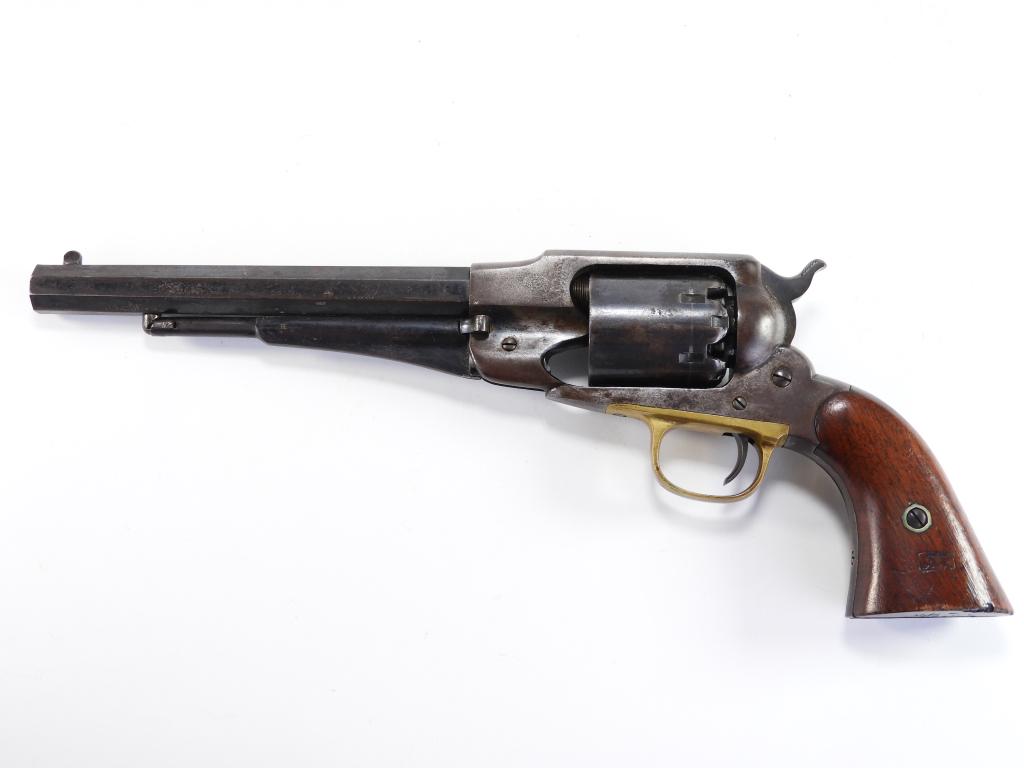 Remington New Model Army Revolver: United States C. 1863-75 .44 caliber, serial number 75454, walnut grips with a cartouche on the left side, frame, cylinder, and barrel have sub-inspector marks, marked on the top of the octagonal barr