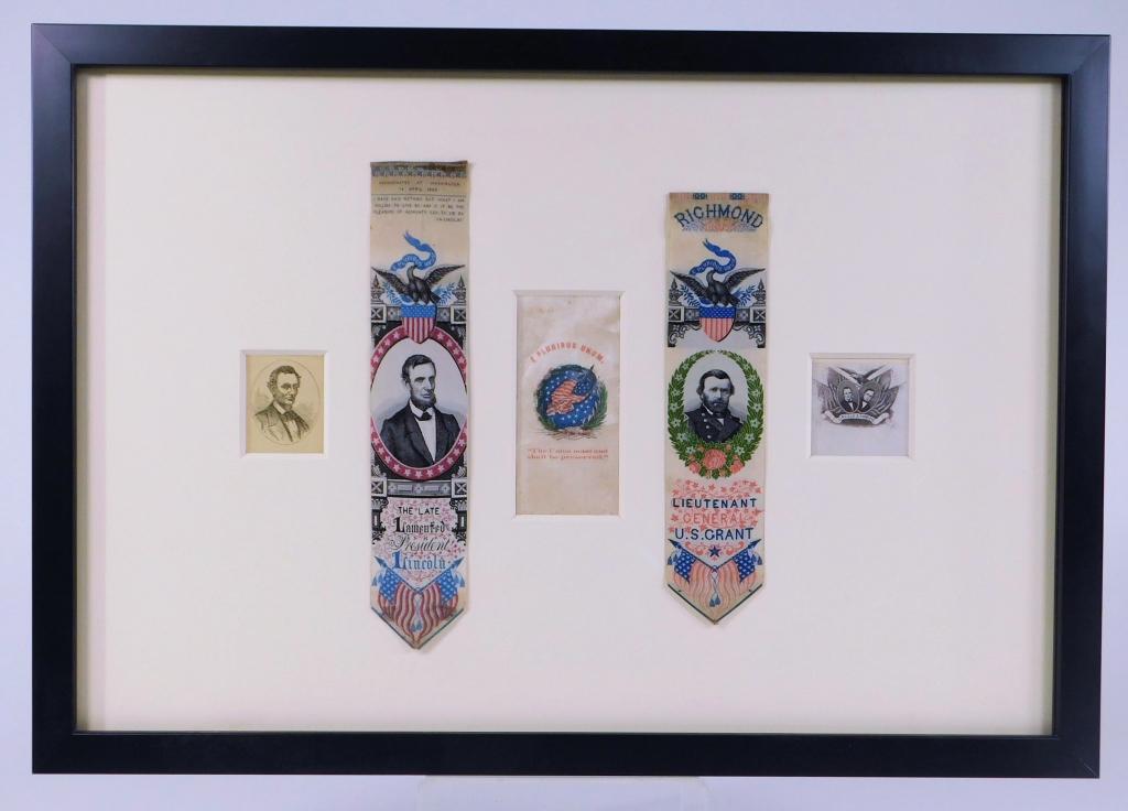 Framed Stevengraph Ribbons of Lincoln and Grant: United States C. late 19th century A Stevengraph with a central image of Lincoln, marked on the bottom "THE LATE/Lamented/President/Lincoln" with crossed American flags, and a Stevengraph with a centr