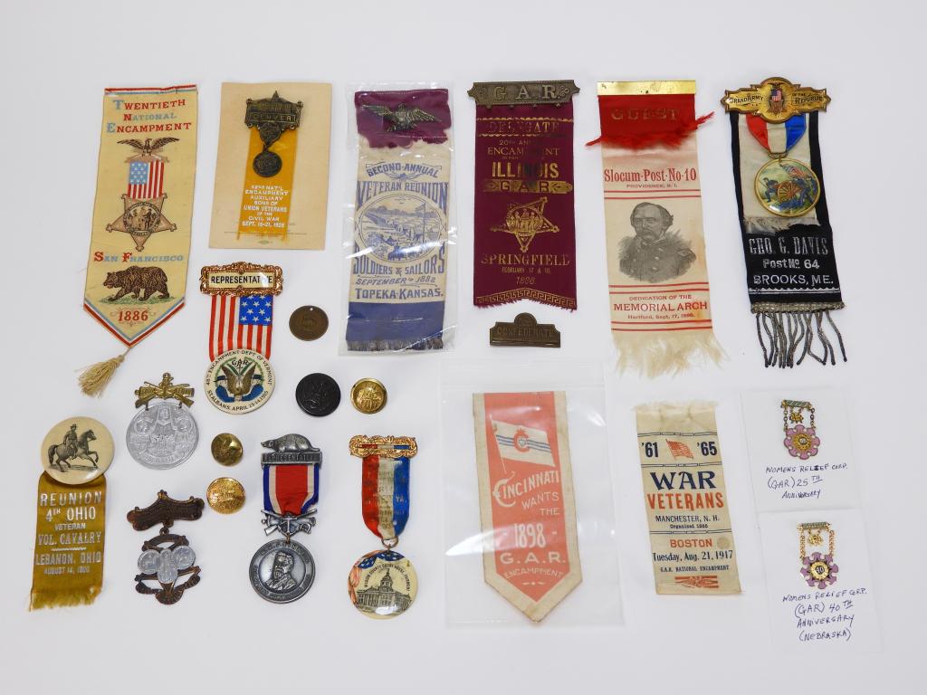 Group of Grand Army of the Republic Medals: United States C. late 19th/early 20th century A ribbon from Brooks, Maine, West Virginia, 48th Vermont encampment, 25th anniversary Women's Relief Corps medal, a 40th anniversary Women's Relief Corps 