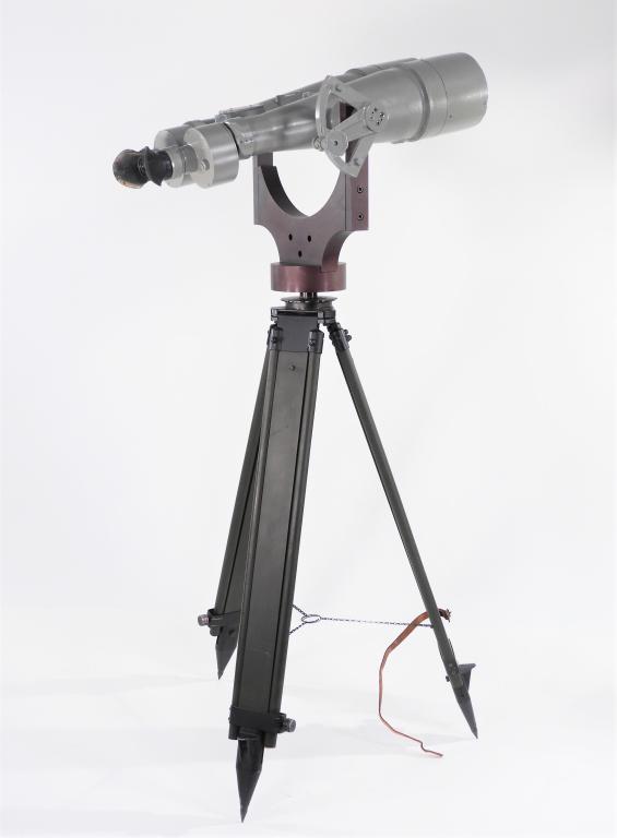 Israeli 12 x 120 "Big Eye" Binoculars: Israel, tripod United States C. 1960s Gray-painted binoculars, no data plate, marked on the top of the left side "1000-8217/] 215227," and on the right "557," with machined cradle mount and green-pain