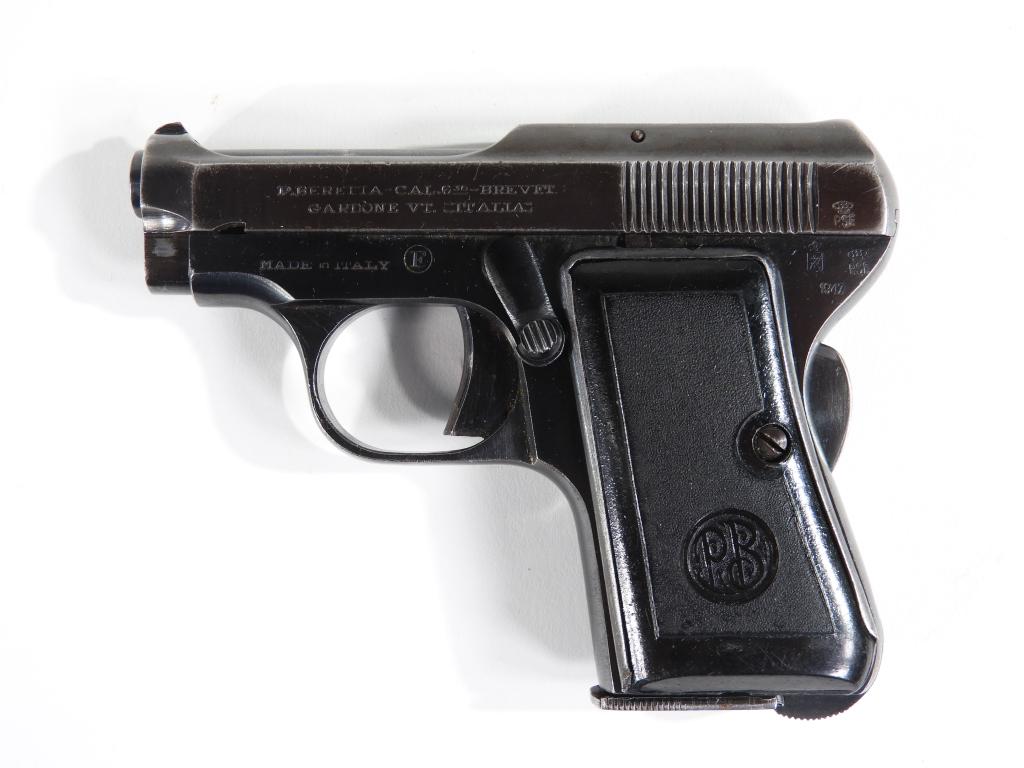 Beretta Model 418 Pistol: Italy C. 1947 6.35 caliber, serial number 12939A, black bakelite grips with "PB" logo, blued finish, marked on the left side of the slide "P. BERETTA - CAL. 6.35 - BREVET./GARDONE VT. ITALIA," and on 