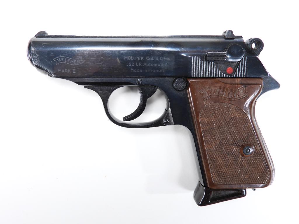 Walther PPK Mark II Pistol: France C. 1970s .22 long rifle, serial number 102118LR, brown checkered plastic grips with "WALTHER" in a banner, blued finish, marked on the left side of the slide "WALTHER/MARK II" and "MOD. PPK Cal
