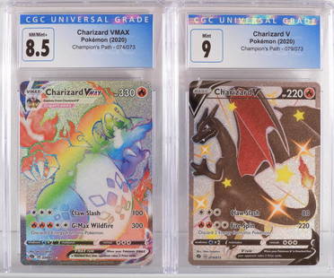 2 Pokemon Charizard VMAX Rainbow & Charizard V CGC: United States,2020 Group includes 2020 Pokemon Champion's Path Charizard VMAX 074/073 (CGC 8.5) and Charizard V 079/073 (CGC 9) holographic trading cards. CGC case 5 1/4" x 3"