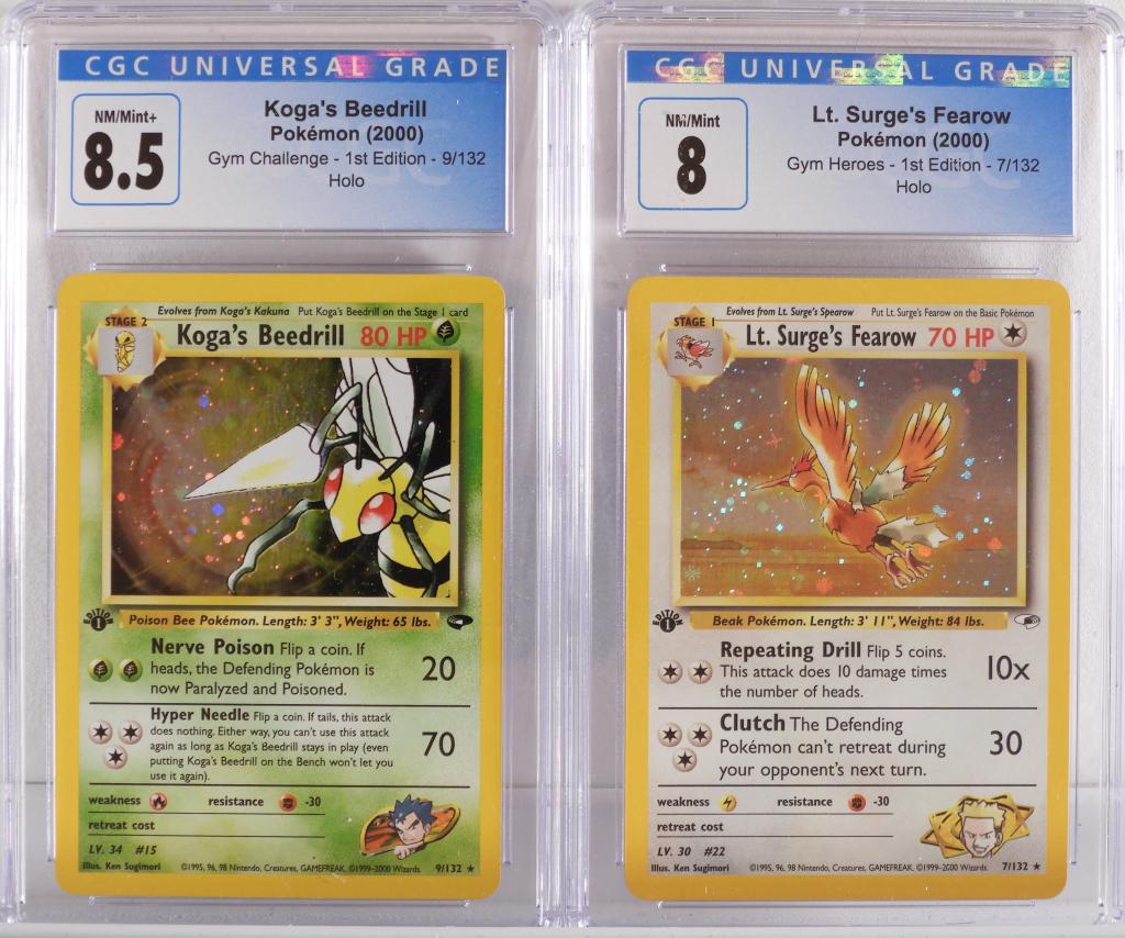 2 Pokemon 1st Ed Koga Beedrill Lt Surge Fearow CGC: United States,2000 Group includes 2000 Pokemon Gym Challenge 1st edition Koga's Beedrill (CGC 8.5) and Gym Heroes 1st edition Lt. Surge's Fearow (CGC 8) holographic trading cards. CGC case 5 1/4" x 3"
