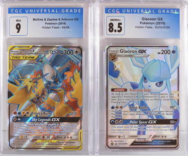 2PC Pokemon Hidden Fates GX Holographic CGC Group: United States,2019 Group includes 2019 Pokemon Hidden Fates Glaceon GX SV55/SV94 (CGC 8.5) and Moltres & Zapdos & Articuno GX 66/68 (CGC 9) holographic trading cards. CGC case 5 1/4" x 3"