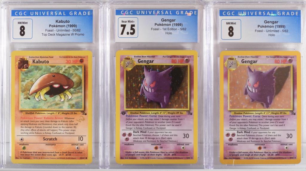 3PC 1999 Pokemon Fossil 1st Ed Unl Promo CGC Group: United States,1999 Group includes 1999 Pokemon Fossil 1st edition Gengar (CGC 7.5), Unlimited Gengar (CGC 8), and Unlimited Top Deck Magazine promo Kabuto (CGC 8) trading cards. CGC case 5 1/4" x 3"