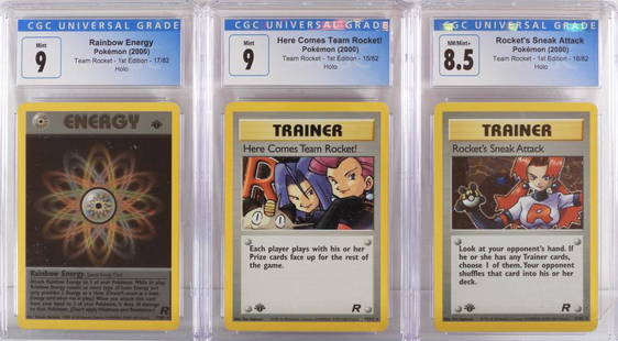 3PC Pokemon Team Rocket 1st Ed Energy Trainer Holo: United States,2000 Group includes 2000 Pokemon Team Rocket 1st edition Rainbow Energy (CGC 9), Here Comes Team Rocket (CGC 9), and Rocket's Sneak Attack (CGC 8.5) holographic trading cards. CGC case