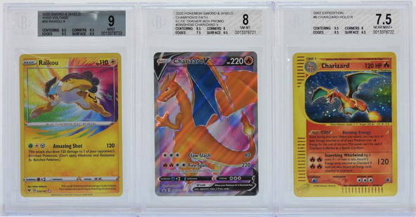 3PC Pokemon Expedition Charizard Raikou BGS Group: United States,2002-2020 Group includes 2002 Pokemon Expedition Charizard (BGS 7.5), 2020 Champion's Path Charizard V (BGS 8) and 2020 Vivid Voltage Raikou (BGS 9) holographic trading cards. BGS case 5