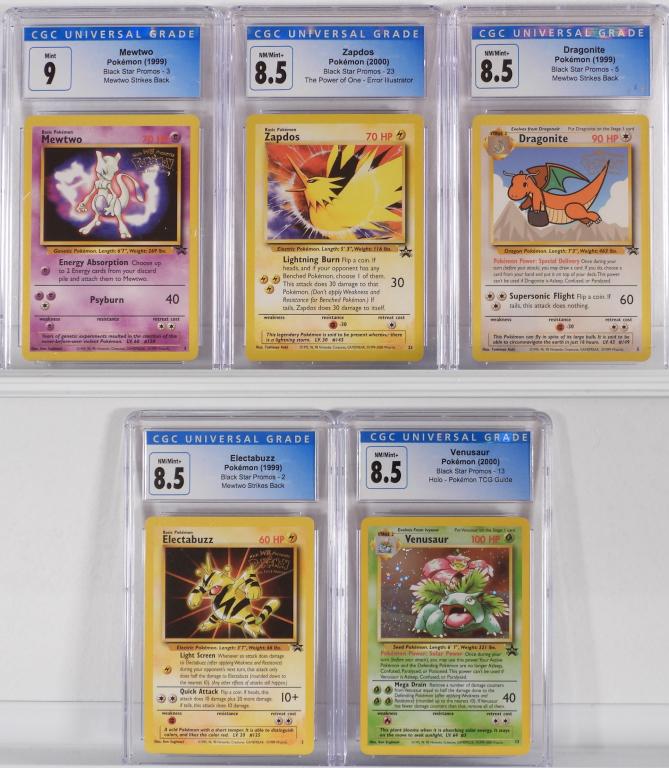 5PC Pokemon Black Star Promos CGC Card Group: United States,1999-2000 Group includes 1999 Pokemon Black Star Promos Dragonite (CGC 8.5), Electrode (CGC 8.5), Mewtwo (CGC 9), and 2000 Venusaur (CGC 8.5) and Zapdos (CGC 8.5) trading cards. CGC case
