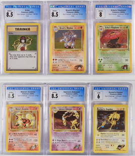 6 Pokemon Gym Challenge Heroes Unl. CGC Holo Group: United States,2000 Group includes 2000 Pokemon Gym Challenge Unlimited Blaine's Arcanine (CGC 8.5), Rocket's Zapdos (CGC 6), Sabrina's Alakazam (CGC 8.5), and Gym Heroes Unlimited Brock's Rhydon (CGC