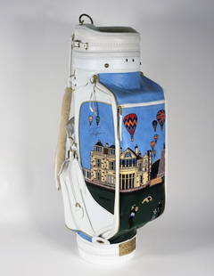 Jack Nickalus Hiro Yamagata LE Signed Golf Bag: United States,Circa 1990 Rare limited edition Hiro Yamagata designed golf bag in collaboration with Jack Nicklaus, decorated with an image of Nicklaus at the British Open with hot air balloons in the