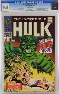 Marvel Comics incredible Hulk #102 CGC 9.4: United States,1968 Marvel Comics Incredible Hulk issue 102 from April, 1968. The book retold the origin of Hulk with story and numbering continued from Tales to Astonish #101. Per the CGC census 141