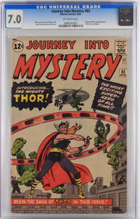 Marvel Comics Journey Into Mystery #83 CGC 7.0: United States,1962 Whosever holds this hammer, if he be worthy, shall possess the power of Thor! Marvel Comics Journey Into Mystery issue 83 from August, 1962. The book featured the origin and first