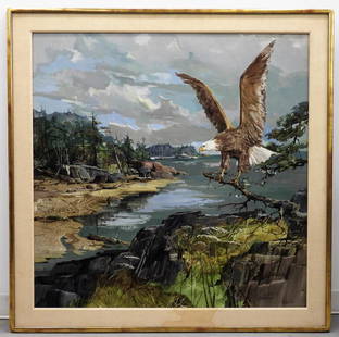 Laurence Sisson Bald Eagle Landscape Painting: Laurence Philip Sisson Massachusetts, Maine, New Mexico 1928-2015 Modernist depiction of a bald eagle with wings outstretched perched on a branch with large boulders and coniferous trees lining a