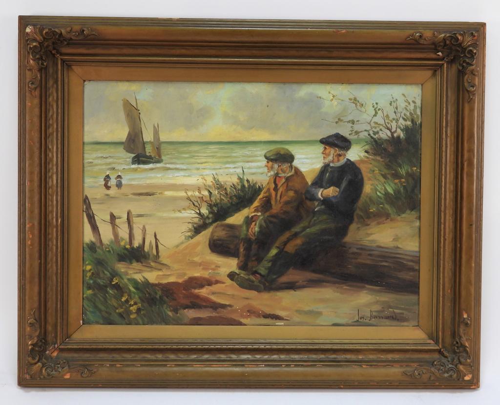 Joseph Bernard Friendly Gentleman Coastal Painting: Joseph Bernard Canada 20th Century Depicts two older gentleman seated on a log gazing towards the coastline where a sailing ship hugs the shore. Board 16" x 22".Frame 22" x 29",Oil on board From the c