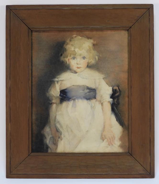 Tony Nell Young Girl WC Portrait Painting: New York, District of Columbia 1881-1960 Depicts a young girl with curly blonde hair and bright blue eyes dressed in white with a slate blue satin sash around her waist. Nell studied at the Denver Sch