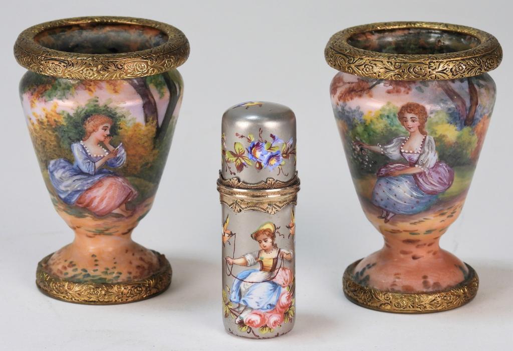 3PC French Enameled Vases & Scent Bottle (1 of 4)