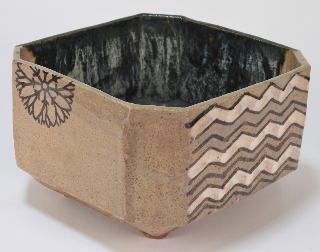 Japanese Oribe Floral Geometric Footed Bowl (1 of 5)