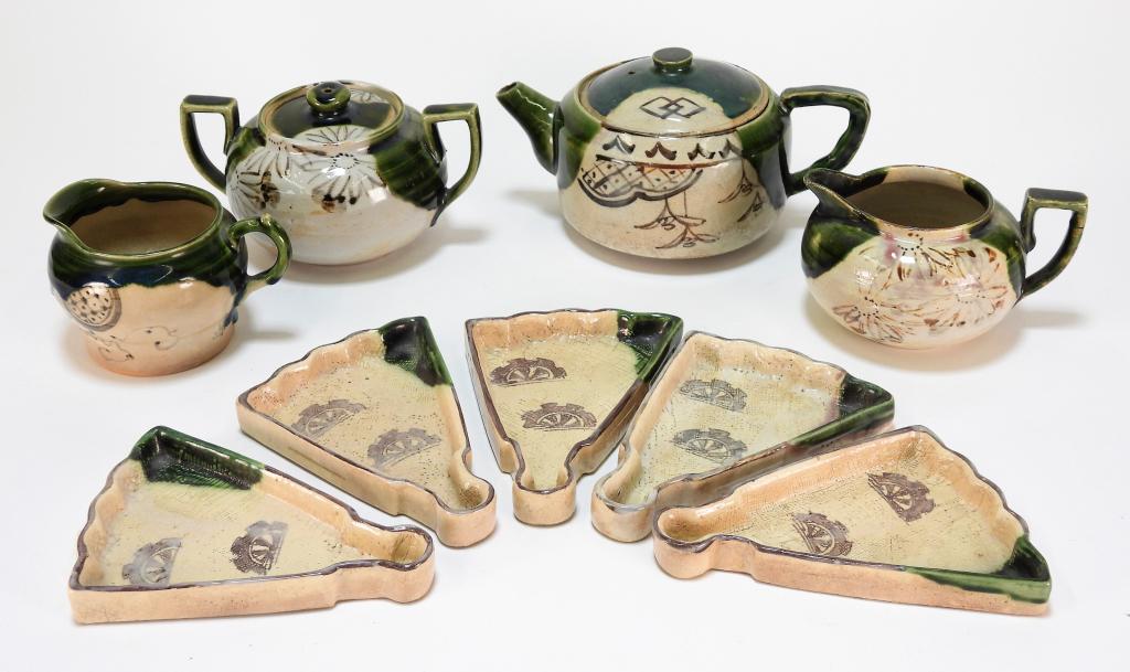 9PC Japanese Oribe Stoneware Group (1 of 6)