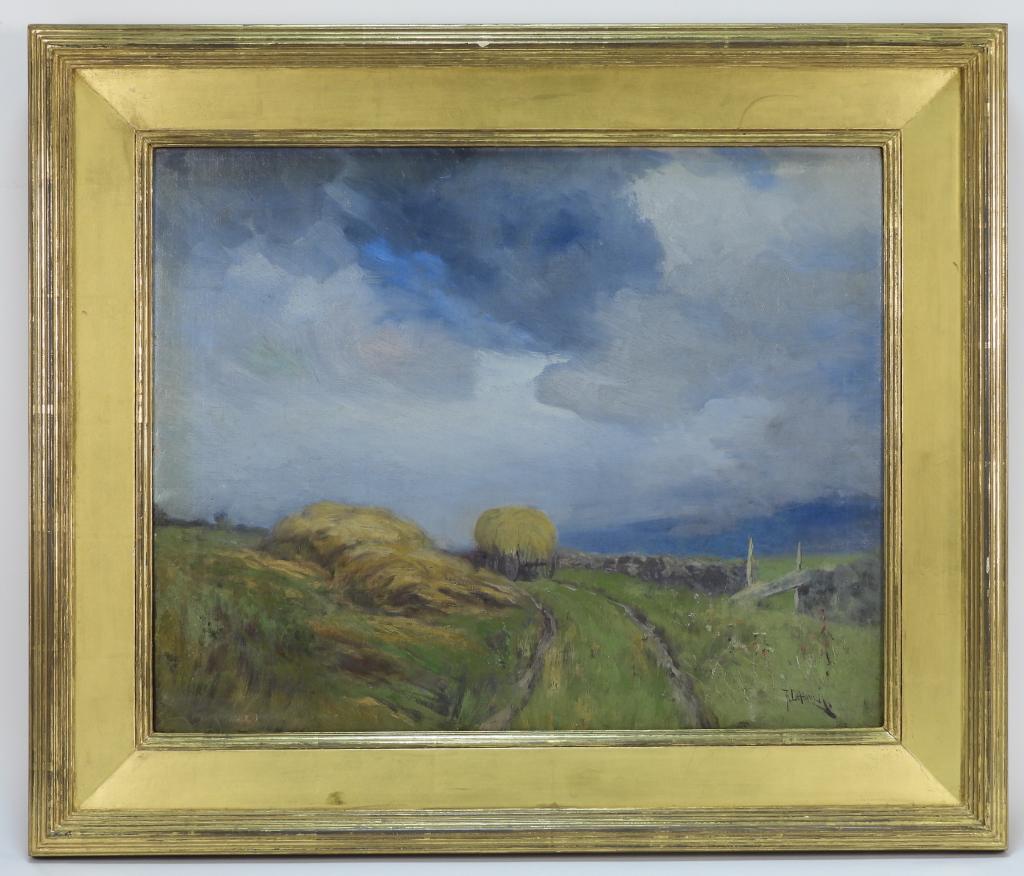 Franklin De Haven Haystack Landscape Painting: Franklin B. De Haven New York, Pennsylvania, Connecticut, 1856-1934 Impressionist depiction of a wagon loaded with hay from a nearby pile by a stone wall while dark clouds form overhead. De Haven was