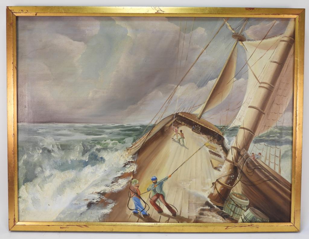 Robert Mineo Stormy Sea Genre Painting: Robert Mineo New York, 20th Century Depicts sailors on deck of a ship manning the sails while large waves crash into the sides. Canvas 24" x 32".Frame 25 1/2" x 33 1/2" From the collection of a Provid