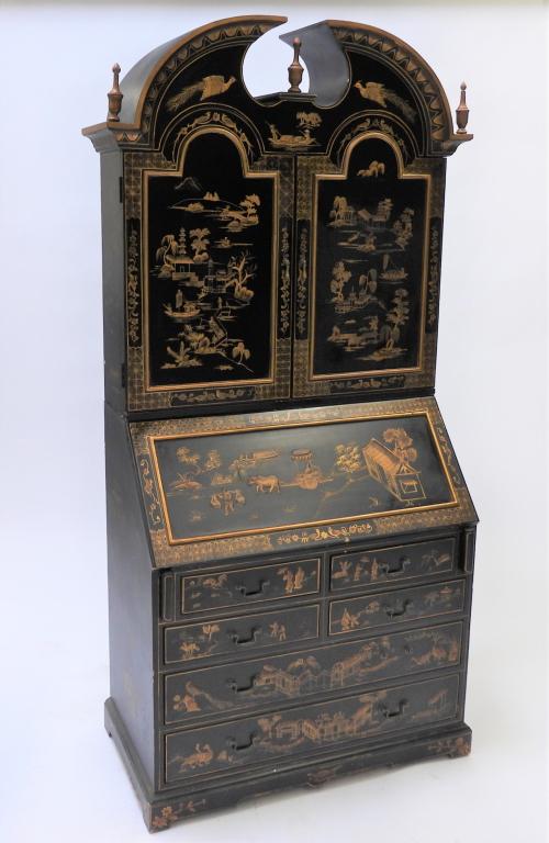 Chinoiserie Style Secretary Desk: China, 20th Century Ornately embellished desk with two doors opening to ten letter slots eight compartments, twenty two drawers, and one door over slant top desk opening to even more storage space ove