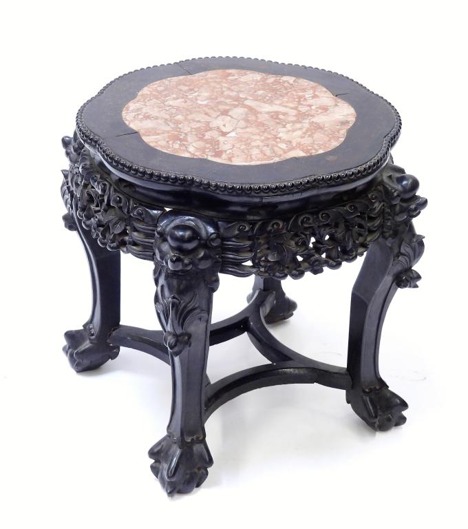 Chinese Carved Wood & Marble Side Table (1 of 5)