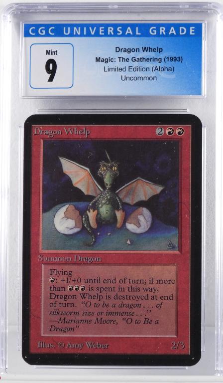 1993 Magic The Gathering Alpha Dragon Whelp CGC 9: United States,1993 1993 Magic: The Gathering Alpha Dragon Whelp trading card, CGC 9 Mint. CGC case 5 1/4" x 3"