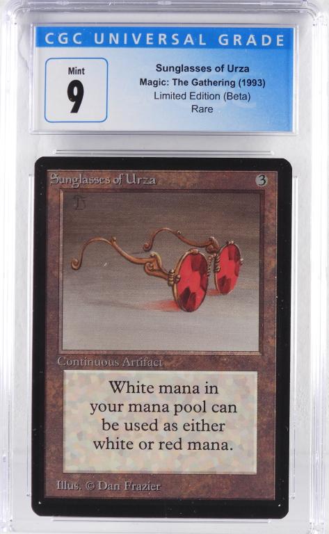 Magic The Gathering Beta Sunglasses of Urza CGC 9: United States,1993 1993 Magic: The Gathering Beta Sunglasses of Urza trading card, CGC 9 Mint. All of the CGC graded MTG in the auction is from an original owner Virginia collection. CGC case 5 1/4" x