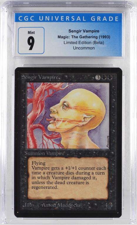 1993 Magic The Gathering Beta Sengir Vampire CGC 9: United States,1993 1993 Magic: The Gathering Beta Sengir Vampire trading card, CGC 9 Mint. All of the CGC graded MTG in the auction is from an original owner Virginia collection. CGC case 5 1/4" x 3"