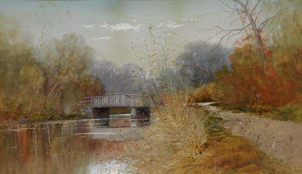 Samuel R. Chaffee Bridge Landscape Painting: Samuel R. Chaffee,United States,1850-1913 Depicts a dirt path beside a river leading towards a wood bridge surrounded by brush and trees. Watercolor on paper, Sight 11" x 19".Frame 16 1/2" x 24" Signe