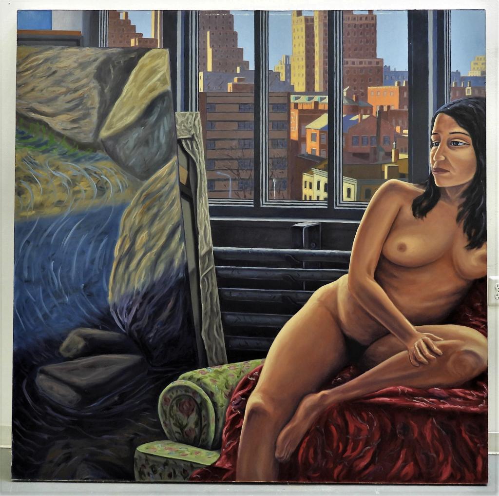 John F. Chambers Lounging Nude Painting: John F. Chambers,United States,20th Century Depicts a nude woman seated on a red blanket over a floral print couch glancing towards two landscape painting with a city skyline out the window. Oil on ca