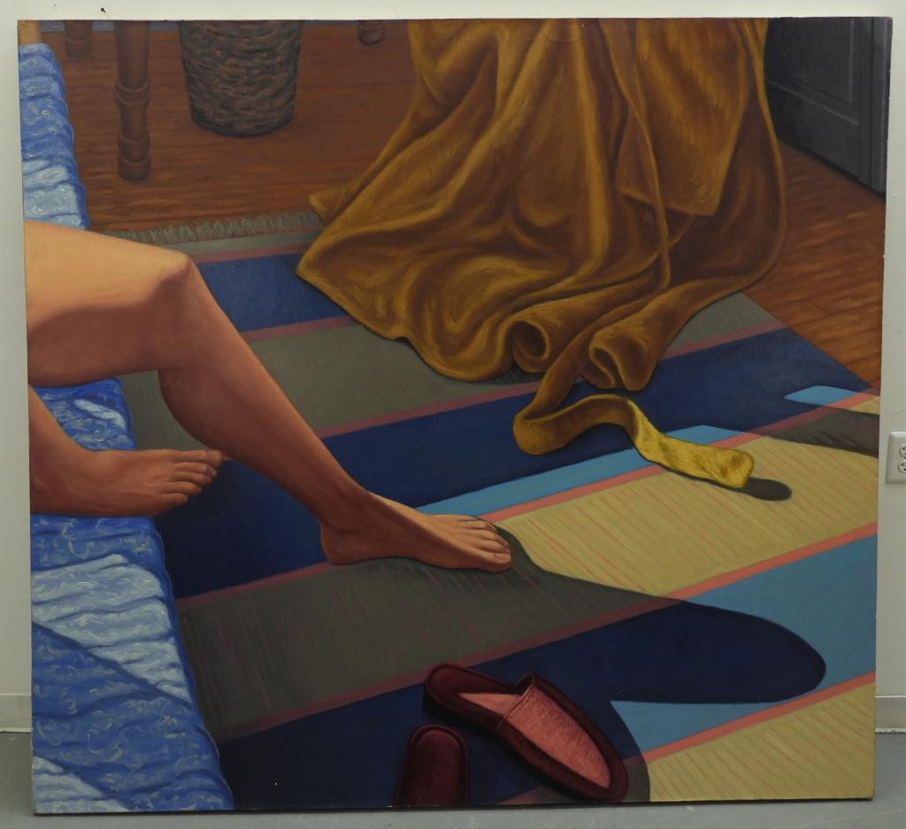 John F. Chambers Lounging Nude Painting: John F. Chambers,United States,20th Century Depicts a woman's legs over the side of a bed illuminated by sunlight, a yellow robe hangs in the corner while a striped rug covers the ground. Oil on canva