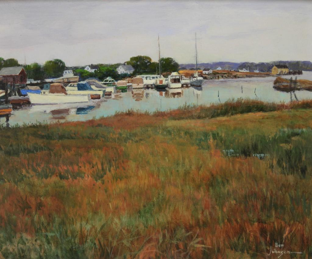 Ben Johnson Coastal Town Landscape Painting: Ben Johnson,United States,20th Century Depicts boats and buildings lining the edge of a harbor overgrown with tall sea grass. Oil on board, Board 10" x 12".Frame 14 1/4" x 16 1/4" Signed "Ben Johnson"