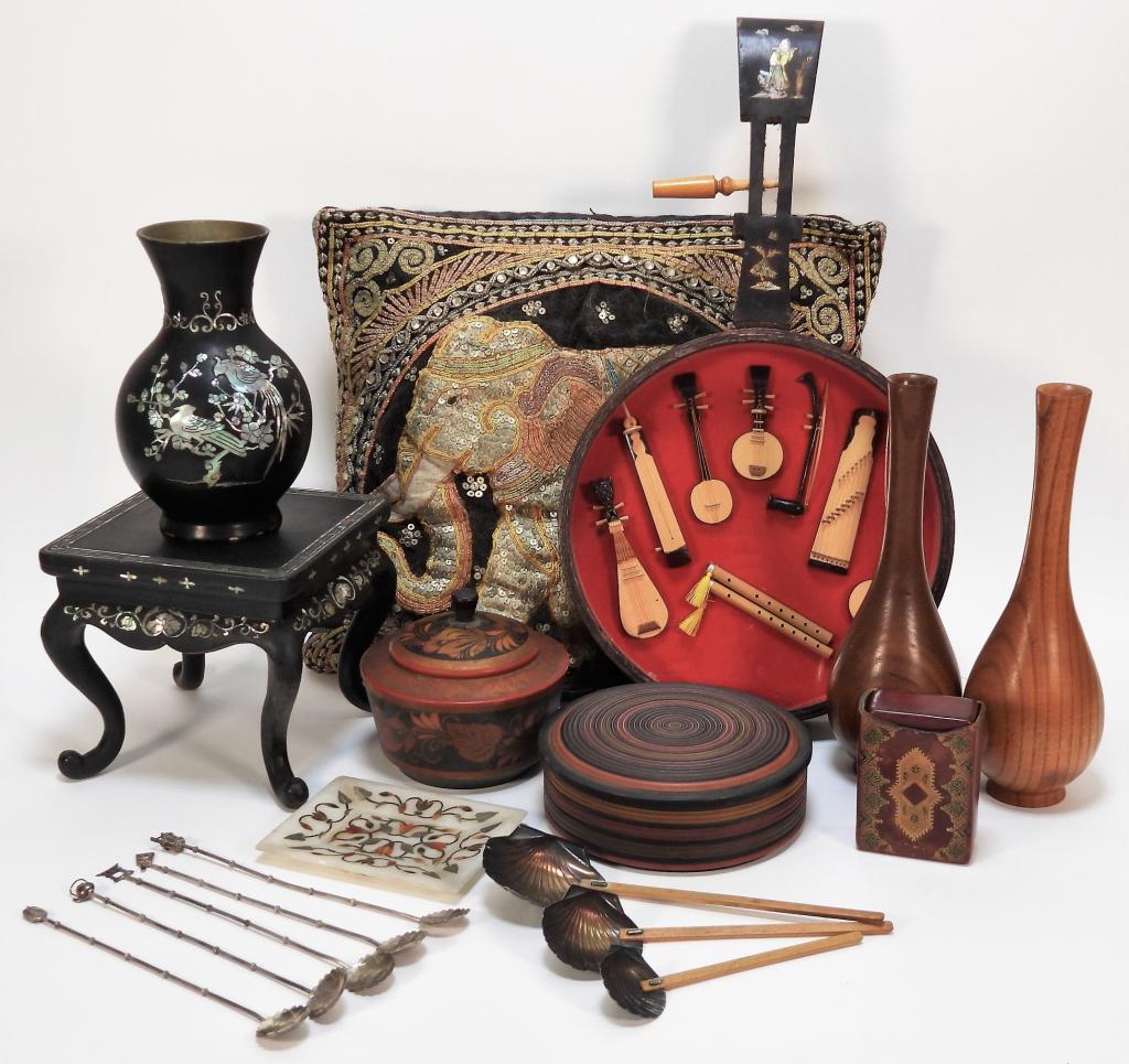 18PC Assorted Asian Articles: ,Asia,20th Century Includes five sterling silver spoons with cherry blossom bowls, a covered bowl, a covered jar decorated with flowers, a pair of turned wood vases, three shell shaped spoons, a black