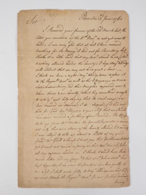 Letter from the 40th Regiment to William Adair: England,C. 1760 Letter from Captain Hamilton, an officer in the 40th Regiment of Foot stationed in Canada, to regimental agent William Adair about expenditures and not receiving the company clothing. 