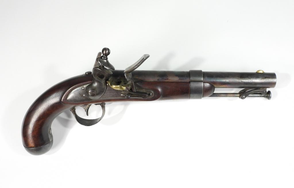 U.S. Model 1836 Flintlock Pistol: United States,C. 1840 .54 caliber, walnut stock with crisp cartouche marks on the left side, steel fittings, lock marked "WATERS/MILBURY, MS./1840,"left side of the breech marked "US/JH/P," with a swi